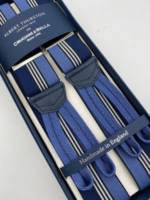 Albert Thurston for Cruciani & Bella Made in England Adjustable Sizing 35 mm elastic  braces Blue and White stripes braces Braid ends Y-Shaped Nickel Fittings Size: L #4953