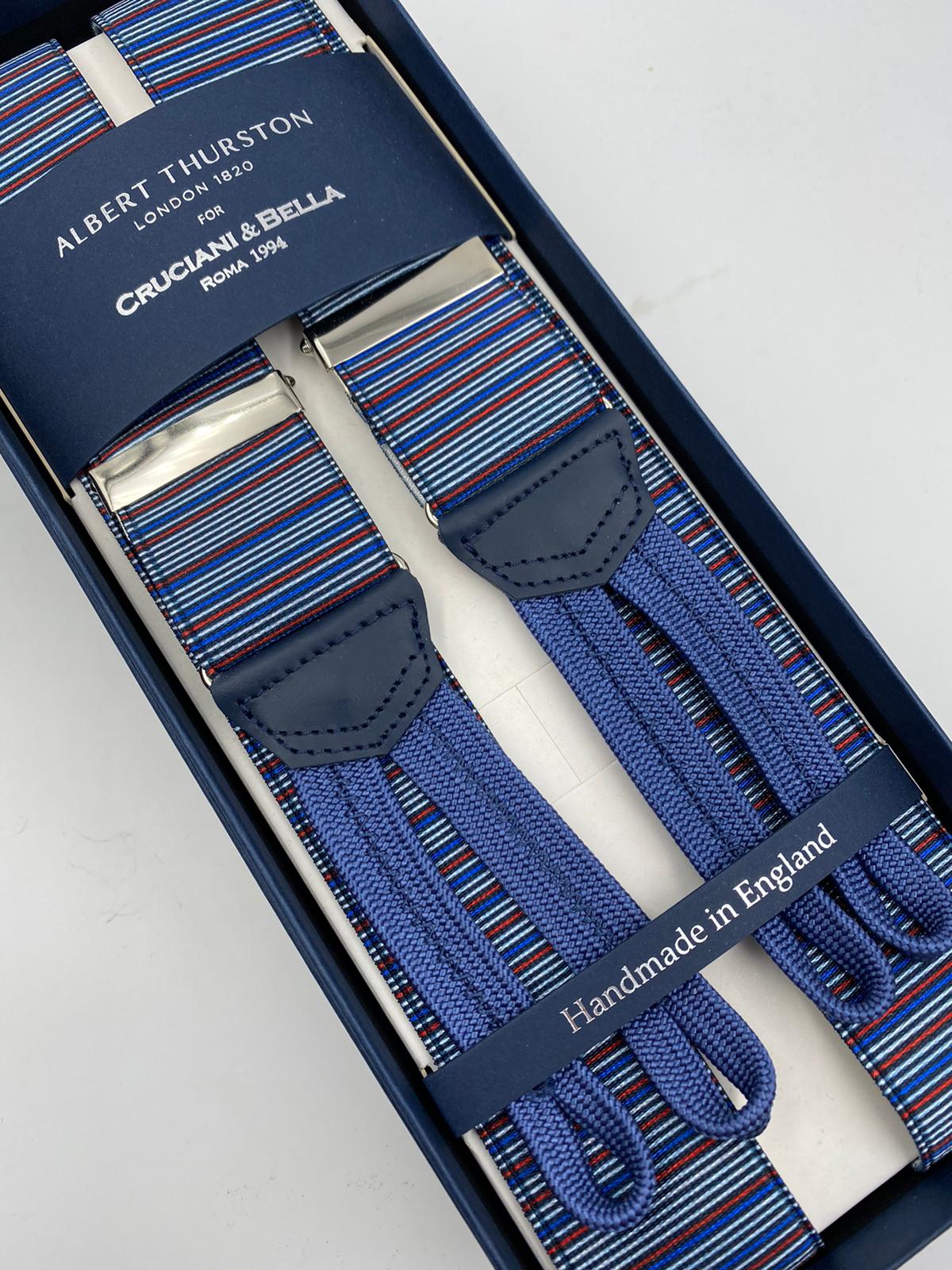 Albert Thurston for Cruciani & Bella Made in England Adjustable Sizing 35 mm elastic  braces Multicolor Stripes braces Braid ends Y-Shaped Nickel Fittings Size: L #4975