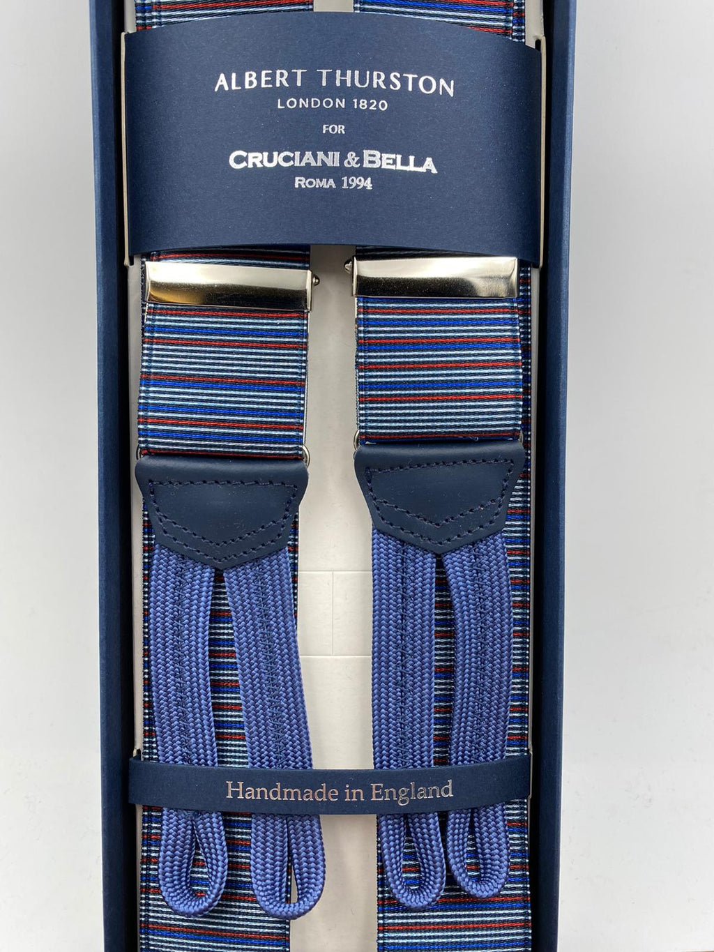 Albert Thurston for Cruciani & Bella Made in England Adjustable Sizing 35 mm elastic  braces Multicolor Stripes braces Braid ends Y-Shaped Nickel Fittings Size: L #4975