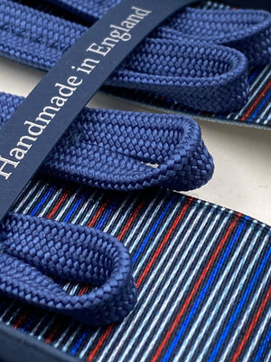 Albert Thurston for Cruciani & Bella Made in England Adjustable Sizing 35 mm elastic  braces Multicolor Stripes braces Braid ends Y-Shaped Nickel Fittings Size: L #4975