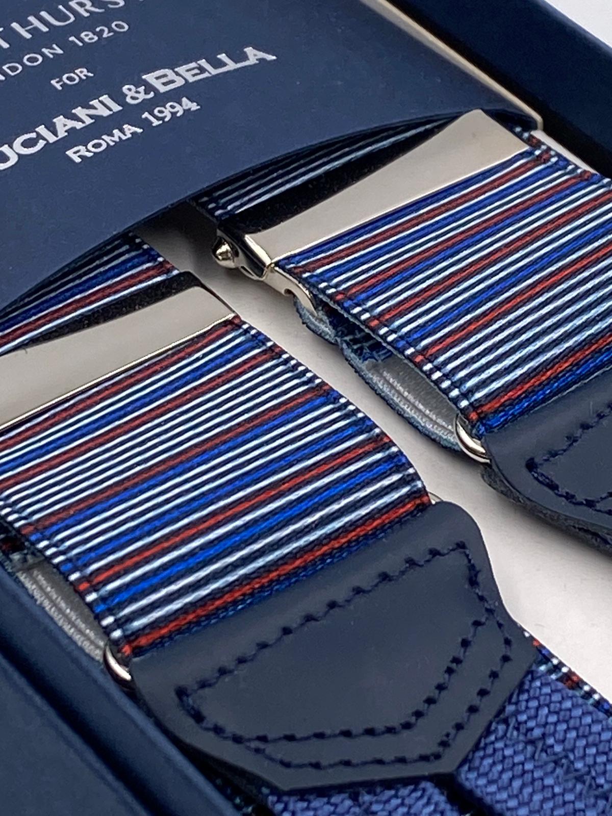 Albert Thurston for Cruciani & Bella Made in England Adjustable Sizing 35 mm elastic  braces Multicolor Stripes braces Braid ends Y-Shaped Nickel Fittings Size: L #4975