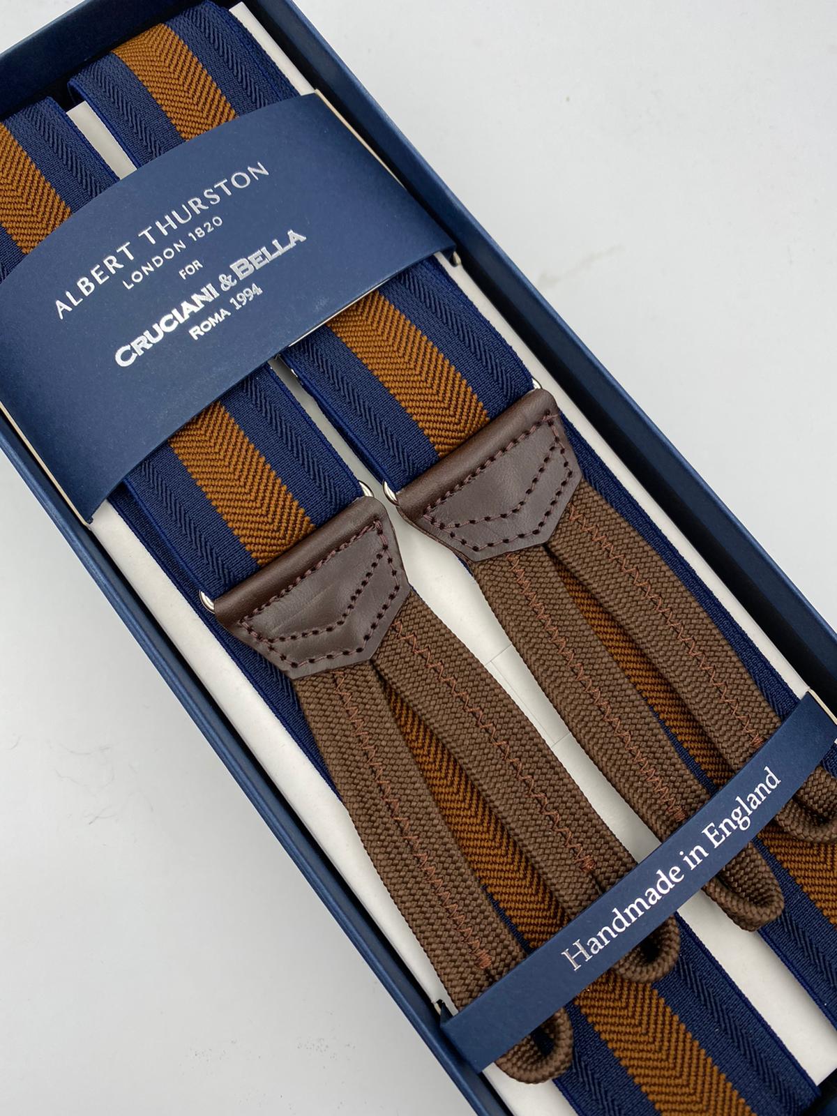 Albert Thurston for Cruciani & Bella Made in England Adjustable Sizing 35 mm elastic  braces Brown Harringbone and Blue Stripes braces Braid ends Y-Shaped Nickel Fittings Size: L #4966