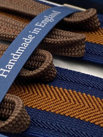 Albert Thurston for Cruciani & Bella Made in England Adjustable Sizing 35 mm elastic  braces Brown Harringbone and Blue Stripes braces Braid ends Y-Shaped Nickel Fittings Size: L #4966