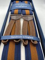 Albert Thurston for Cruciani & Bella Made in England Adjustable Sizing 35 mm elastic  braces Brown Harringbone and Blue Stripes braces Braid ends Y-Shaped Nickel Fittings Size: L #4966