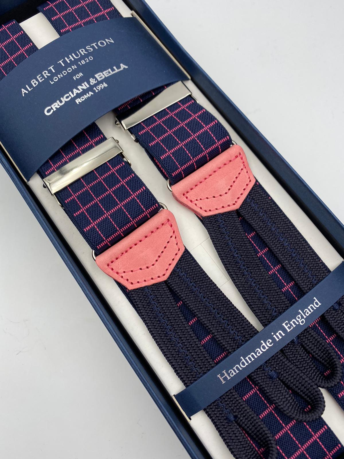 Albert Thurston for Cruciani & Bella Made in England Adjustable Sizing 35 mm elastic  braces Blue and Pink Checks braces Braid ends Y-Shaped Nickel Fittings Size: L #4961