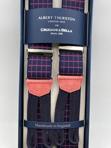 Albert Thurston for Cruciani & Bella Made in England Adjustable Sizing 35 mm elastic  braces Blue and Pink Checks braces Braid ends Y-Shaped Nickel Fittings Size: L #4961