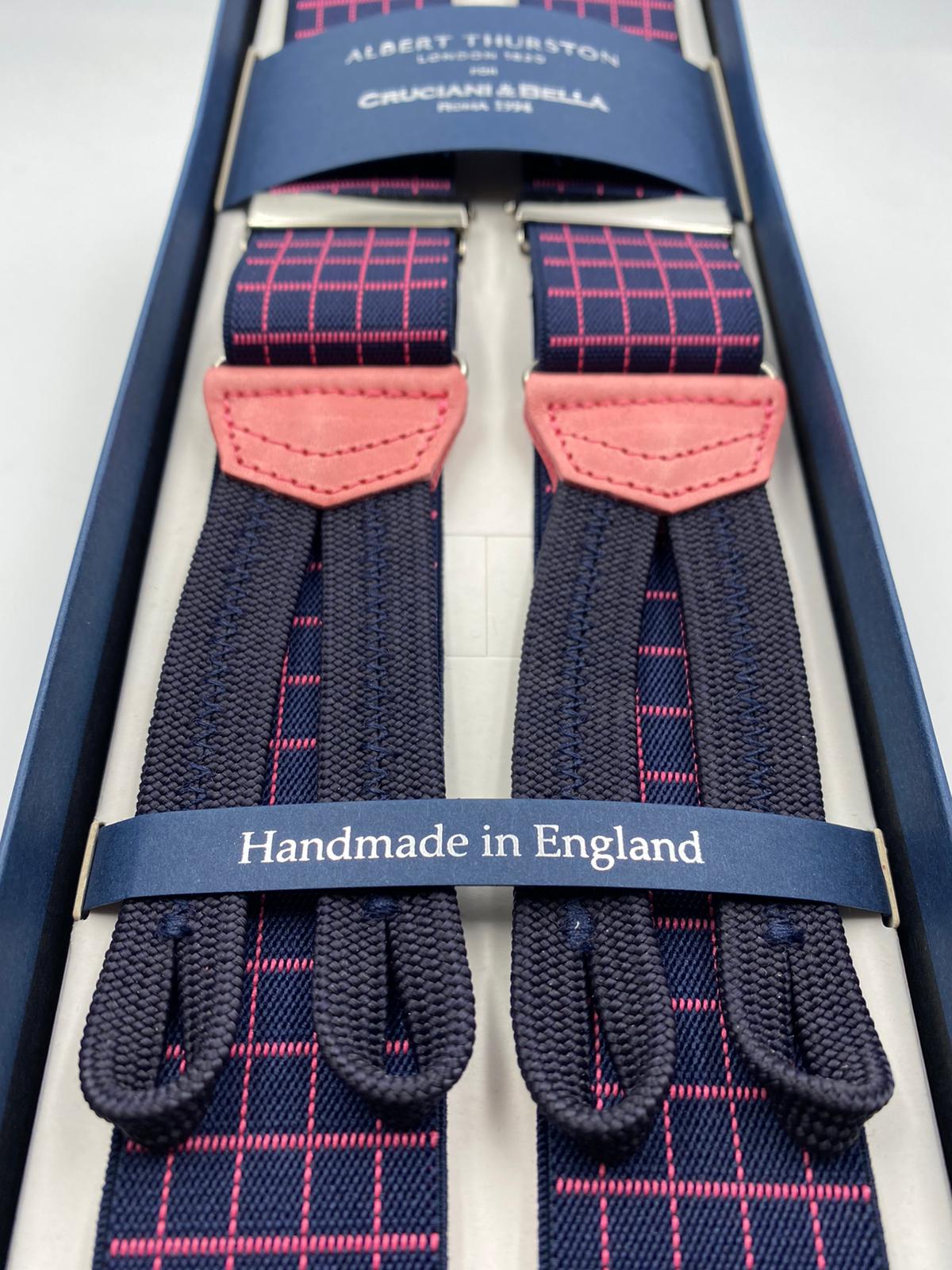 Albert Thurston for Cruciani & Bella Made in England Adjustable Sizing 35 mm elastic  braces Blue and Pink Checks braces Braid ends Y-Shaped Nickel Fittings Size: L #4961