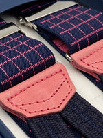 Albert Thurston for Cruciani & Bella Made in England Adjustable Sizing 35 mm elastic  braces Blue and Pink Checks braces Braid ends Y-Shaped Nickel Fittings Size: L #4961