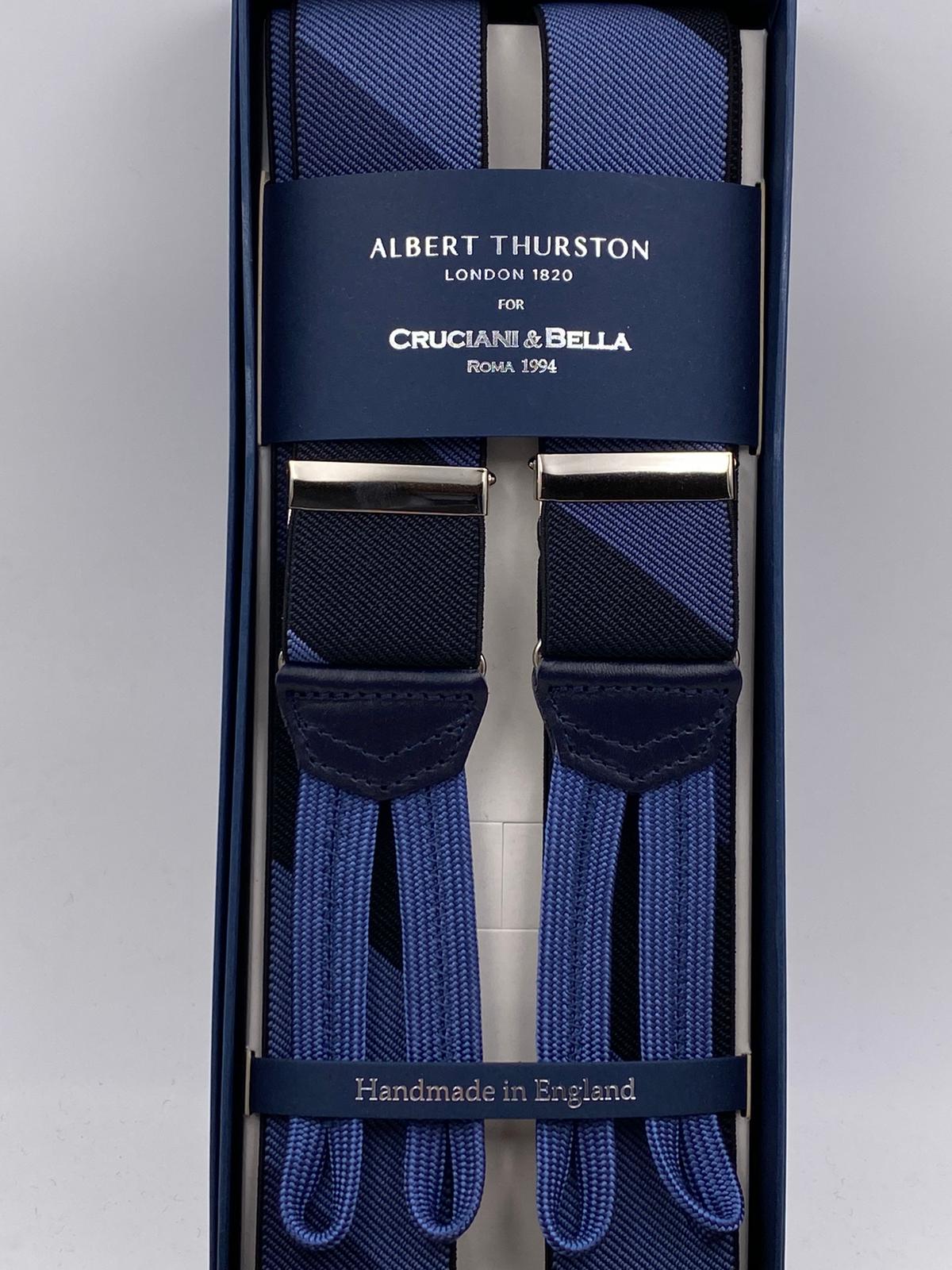 Albert Thurston for Cruciani & Bella Made in England Adjustable Sizing 35 mm elastic  braces Blue and Black Large Stripes braces Braid ends Y-Shaped Nickel Fittings Size: L #4951