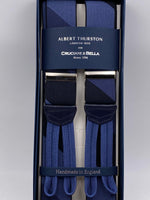 Albert Thurston for Cruciani & Bella Made in England Adjustable Sizing 35 mm elastic  braces Blue and Black Large Stripes braces Braid ends Y-Shaped Nickel Fittings Size: L #4951