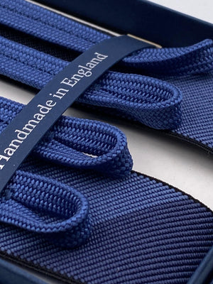 Albert Thurston for Cruciani & Bella Made in England Adjustable Sizing 35 mm elastic  braces Blue and Black Large Stripes braces Braid ends Y-Shaped Nickel Fittings Size: L #4951