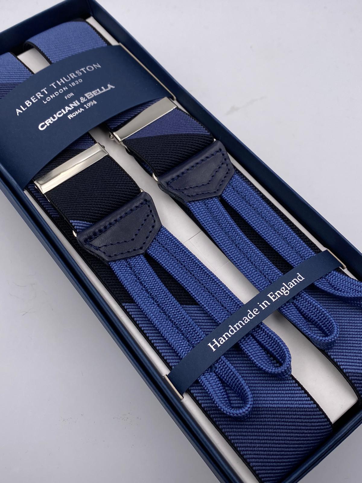Albert Thurston for Cruciani & Bella Made in England Adjustable Sizing 35 mm elastic  braces Blue and Black Large Stripes braces Braid ends Y-Shaped Nickel Fittings Size: L #4951