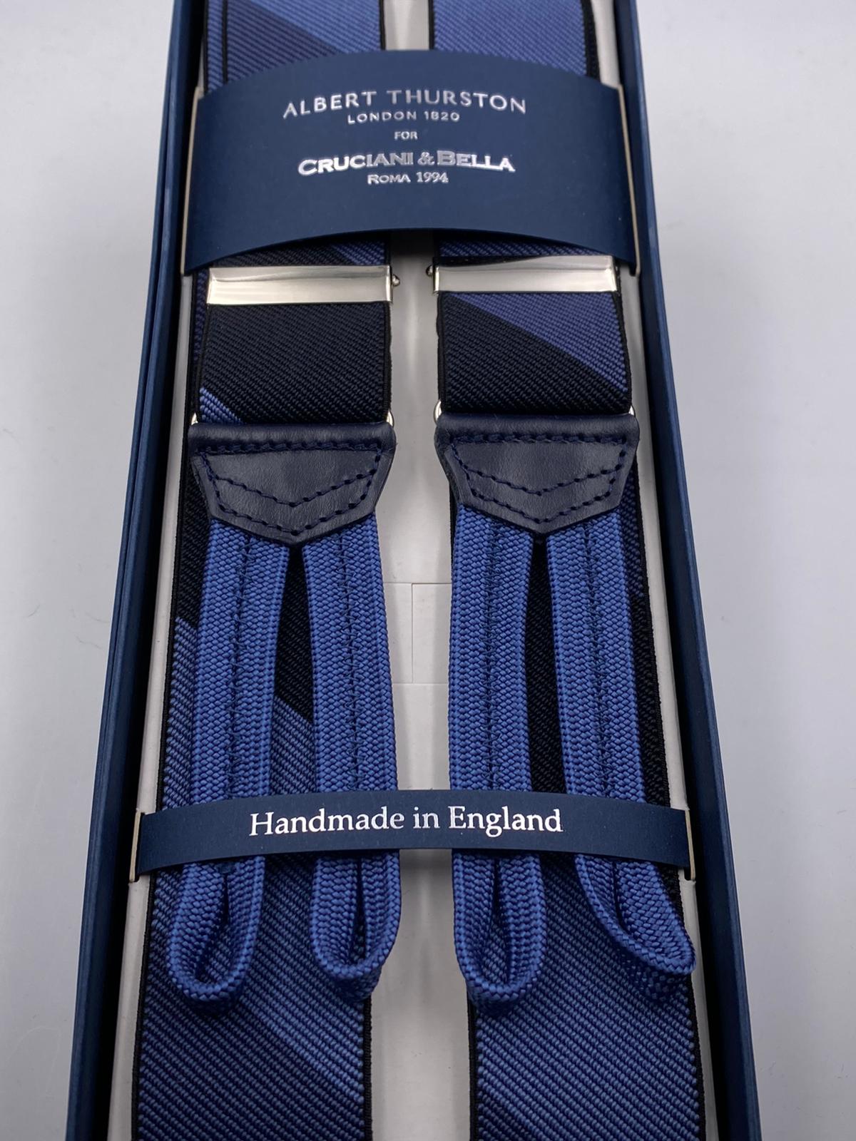 Albert Thurston for Cruciani & Bella Made in England Adjustable Sizing 35 mm elastic  braces Blue and Black Large Stripes braces Braid ends Y-Shaped Nickel Fittings Size: L #4951