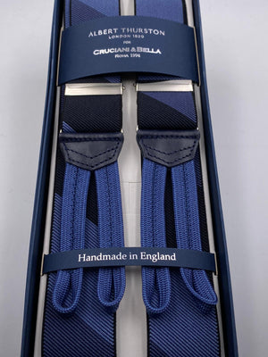Albert Thurston for Cruciani & Bella Made in England Adjustable Sizing 35 mm elastic  braces Blue and Black Large Stripes braces Braid ends Y-Shaped Nickel Fittings Size: L #4951