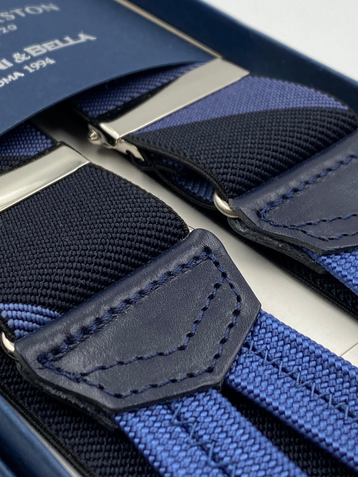 Albert Thurston for Cruciani & Bella Made in England Adjustable Sizing 35 mm elastic  braces Blue and Black Large Stripes braces Braid ends Y-Shaped Nickel Fittings Size: L #4951