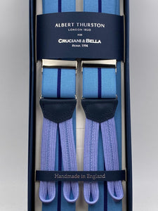 Albert Thurston for Cruciani & Bella Made in England Adjustable Sizing 35 mm elastic  braces Blue and Light Blue Stripes braces Braid ends Y-Shaped Nickel Fittings Size: L #4971