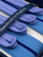 Albert Thurston for Cruciani & Bella Made in England Adjustable Sizing 35 mm elastic  braces Blue and Light Blue Stripes braces Braid ends Y-Shaped Nickel Fittings Size: L #4971