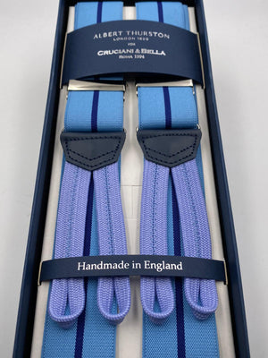 Albert Thurston for Cruciani & Bella Made in England Adjustable Sizing 35 mm elastic  braces Blue and Light Blue Stripes braces Braid ends Y-Shaped Nickel Fittings Size: L #4971