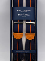 Albert Thurston for Cruciani & Bella Made in England Adjustable Sizing 35 mm elastic  braces Dark Blue and Orange Stripes braces Braid ends Y-Shaped Nickel Fittings Size: L #4972