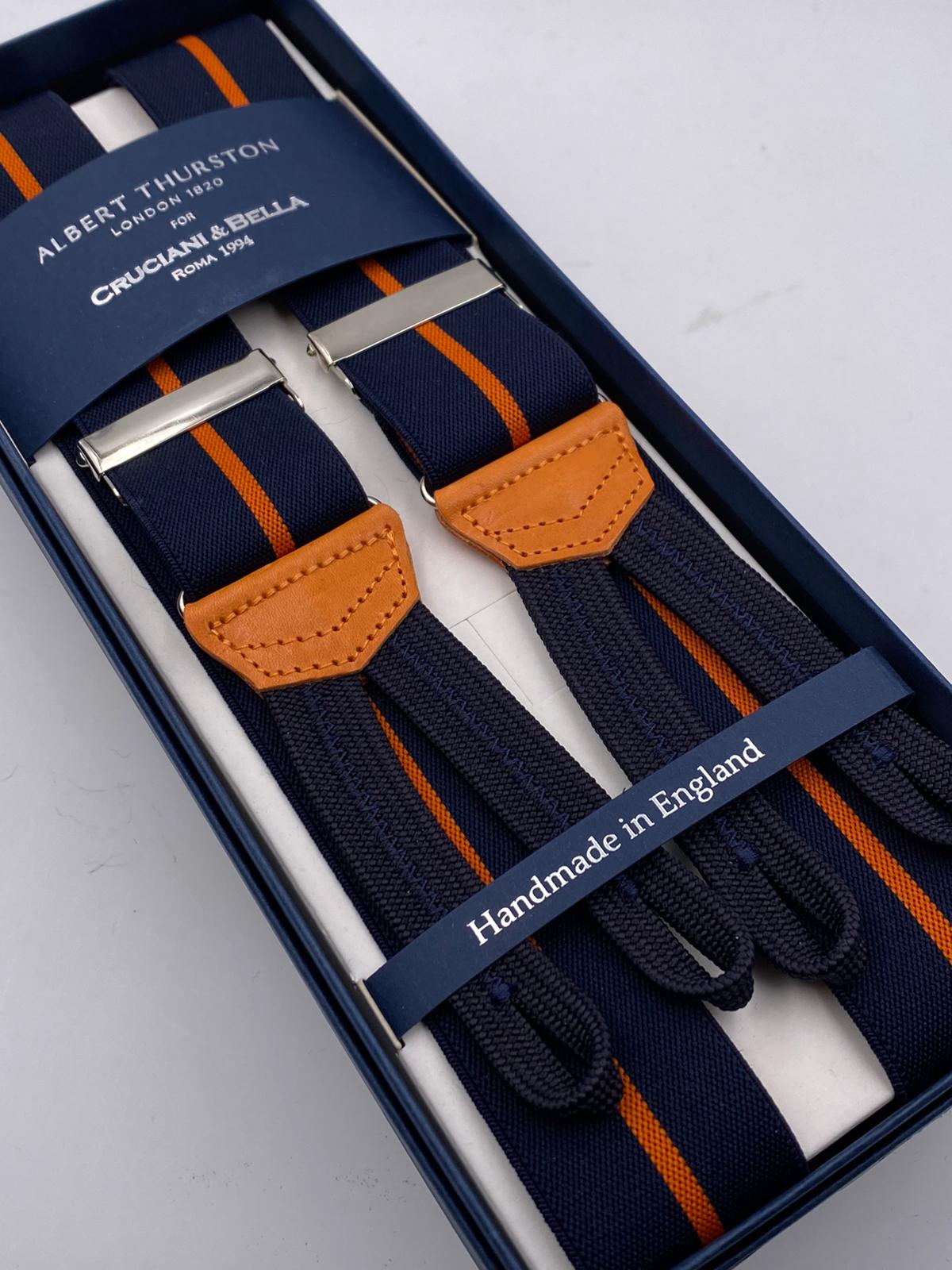Albert Thurston for Cruciani & Bella Made in England Adjustable Sizing 35 mm elastic  braces Dark Blue and Orange Stripes braces Braid ends Y-Shaped Nickel Fittings Size: L #4972