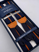 Albert Thurston for Cruciani & Bella Made in England Adjustable Sizing 35 mm elastic  braces Dark Blue and Orange Stripes braces Braid ends Y-Shaped Nickel Fittings Size: L #4972