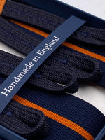 Albert Thurston for Cruciani & Bella Made in England Adjustable Sizing 35 mm elastic  braces Dark Blue and Orange Stripes braces Braid ends Y-Shaped Nickel Fittings Size: L #4972