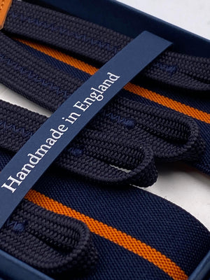 Albert Thurston for Cruciani & Bella Made in England Adjustable Sizing 35 mm elastic  braces Dark Blue and Orange Stripes braces Braid ends Y-Shaped Nickel Fittings Size: L #4972