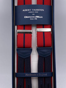 Albert Thurston for Cruciani & Bella Made in England Adjustable Sizing 35 mm elastic Red and Blue Navy Stripe braces Braid ends Y-Shaped Nickel Fittings Size: L