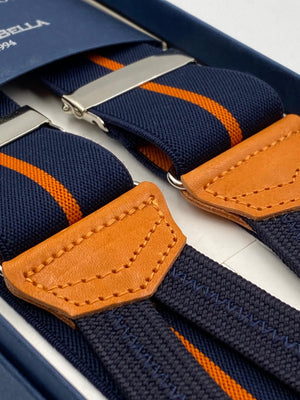 Albert Thurston for Cruciani & Bella Made in England Adjustable Sizing 35 mm elastic  braces Dark Blue and Orange Stripes braces Braid ends Y-Shaped Nickel Fittings Size: L #4972