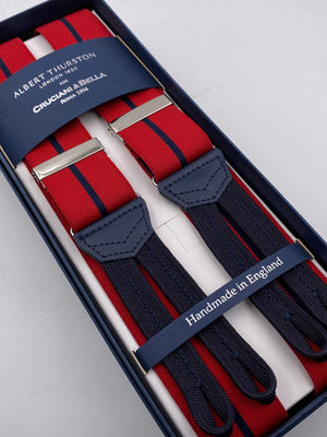 Albert Thurston for Cruciani & Bella Made in England Adjustable Sizing 35 mm elastic Red and Blue Navy Stripe braces Braid ends Y-Shaped Nickel Fittings Size: L