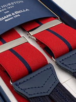 Albert Thurston for Cruciani & Bella Made in England Adjustable Sizing 35 mm elastic Red and Blue Navy Stripe braces Braid ends Y-Shaped Nickel Fittings Size: L