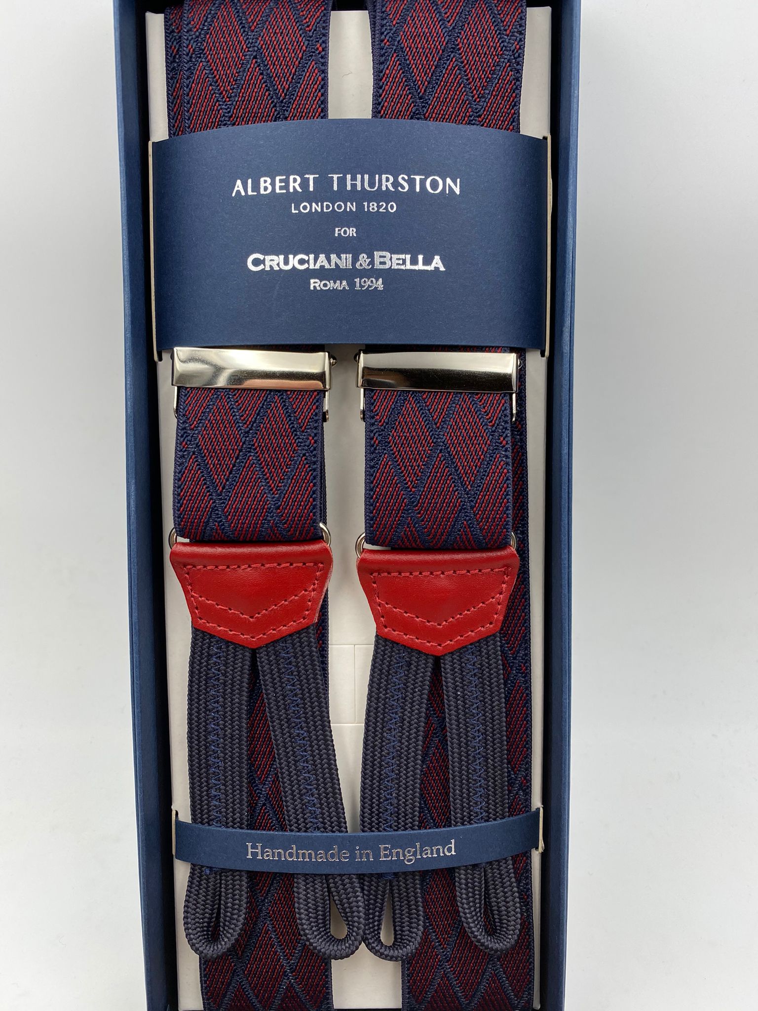 Albert Thurston for Cruciani & Bella Made in England Adjustable Sizing 35 mm elastic  braces Red and Blue Rhombus braces Braid ends Y-Shaped Nickel Fittings Size: L #4964 