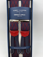 Albert Thurston for Cruciani & Bella Made in England Adjustable Sizing 35 mm elastic  braces Red and Blue Rhombus braces Braid ends Y-Shaped Nickel Fittings Size: L #4964 