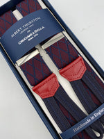 Albert Thurston for Cruciani & Bella Made in England Adjustable Sizing 35 mm elastic  braces Red and Blue Rhombus braces Braid ends Y-Shaped Nickel Fittings Size: L #4964 