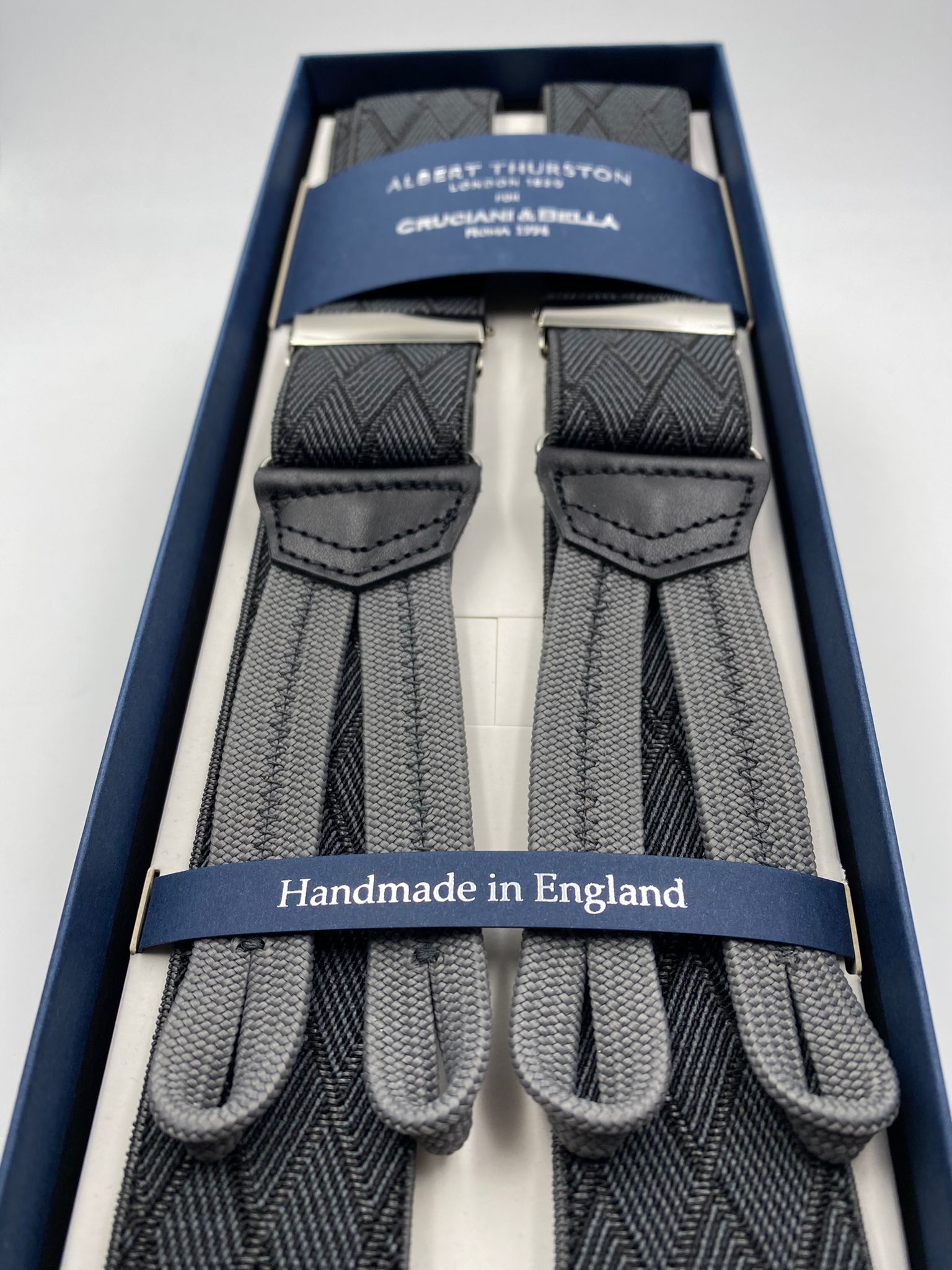 Albert Thurston for Cruciani & Bella Made in England Adjustable Sizing 35 mm elastic  braces Grey and Black  Rhombus braces Braid ends Y-Shaped Nickel Fittings Size: L #4965