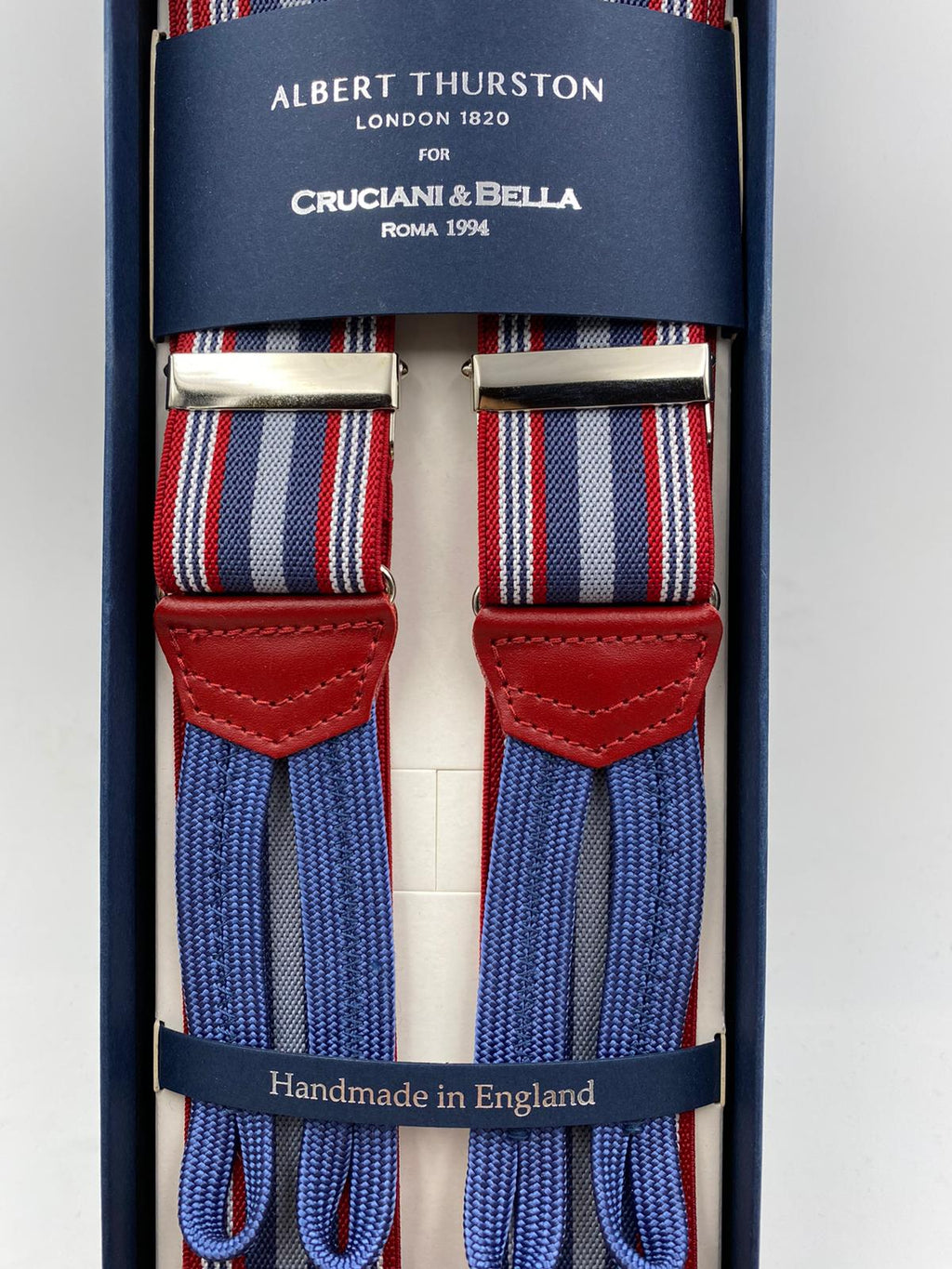 Albert Thurston for Cruciani & Bella Made in England Adjustable Sizing 35 mm elastic  braces Light Blue and Red Stripes braces Braid ends Y-Shaped Nickel Fittings Size: L #4961
