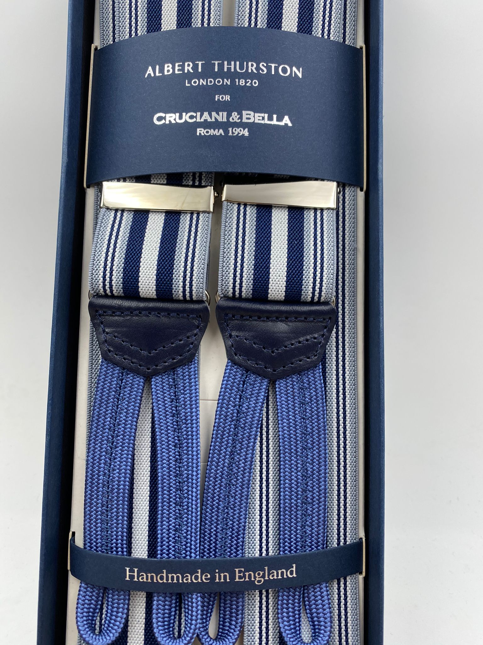 Albert Thurston for Cruciani & Bella Made in England Adjustable Sizing 35 mm elastic  braces Light Blue and White Stripes braces Braid ends Y-Shaped Nickel Fittings Size: L #4962