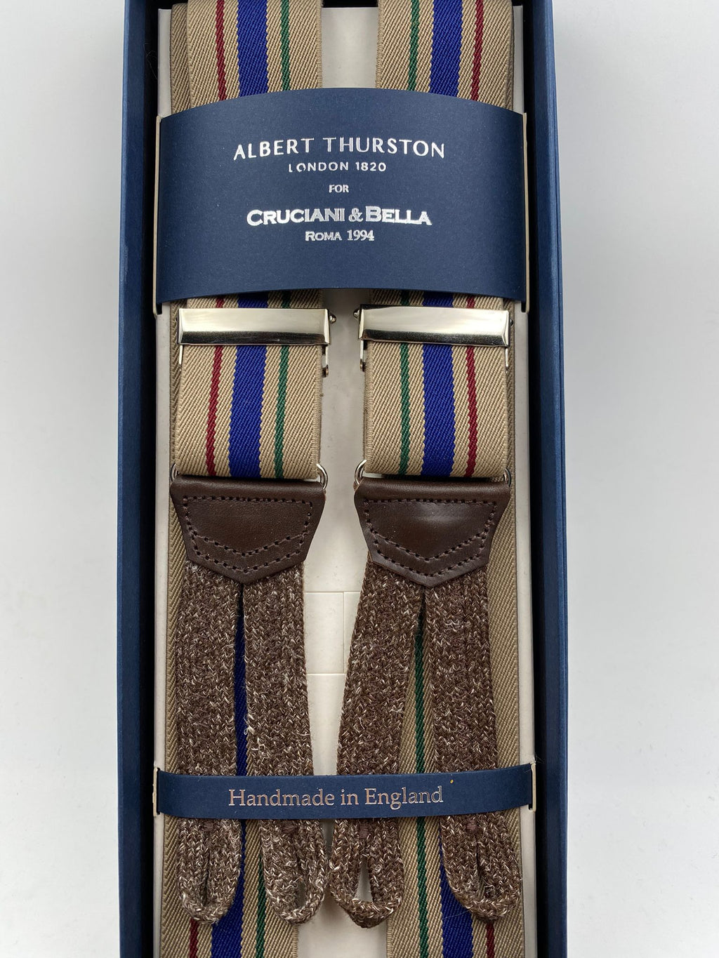 Albert Thurston for Cruciani & Bella Made in England Adjustable Sizing 35 mm elastic  braces Light Brown, Blue, Green and Red Stripes braces Braid ends Y-Shaped Nickel Fittings Size: L #4955