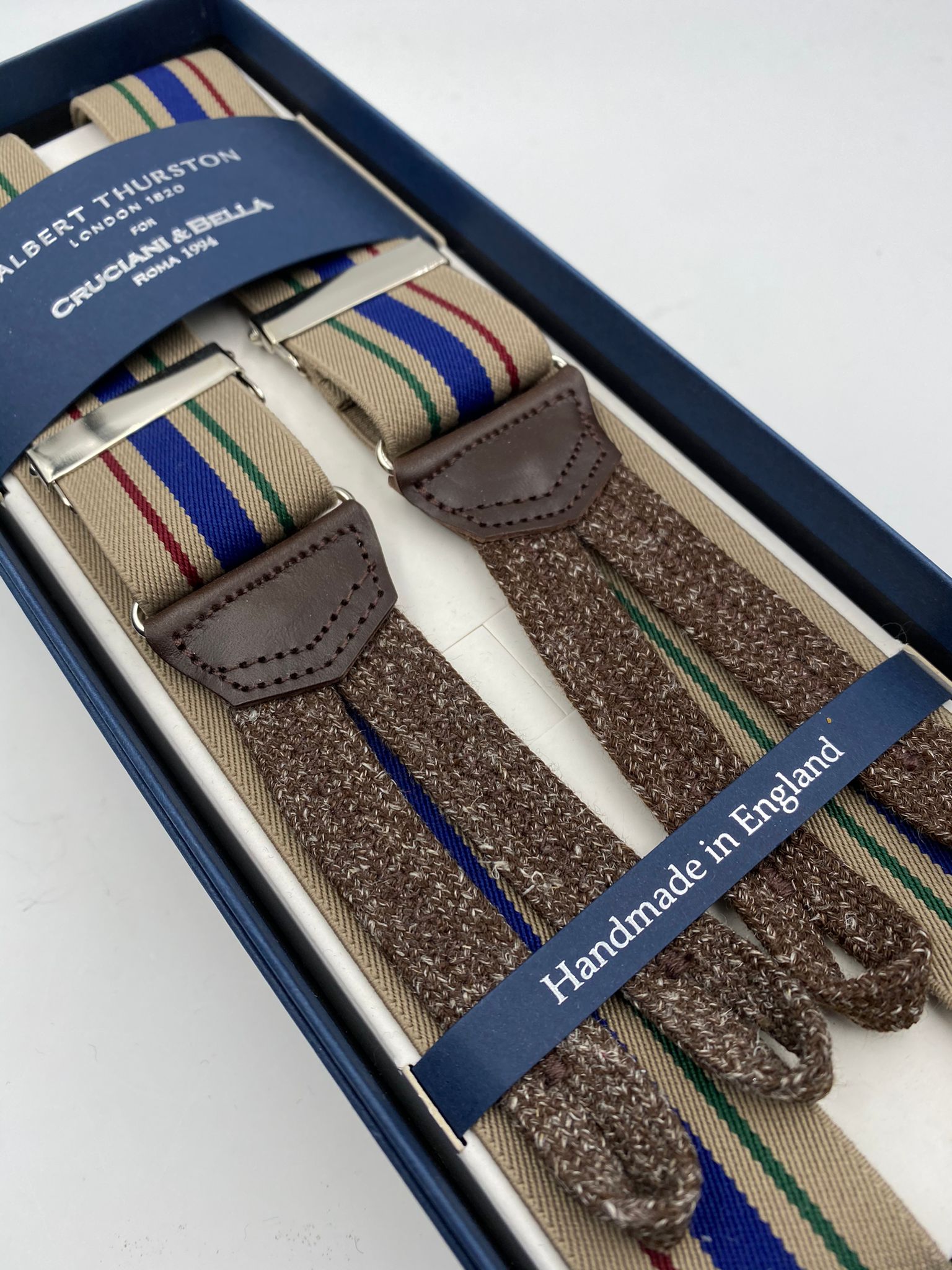 Albert Thurston for Cruciani & Bella Made in England Adjustable Sizing 35 mm elastic  braces Light Brown, Blue, Green and Red Stripes braces Braid ends Y-Shaped Nickel Fittings Size: L #4955
