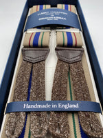 Albert Thurston for Cruciani & Bella Made in England Adjustable Sizing 35 mm elastic  braces Light Brown, Blue, Green and Red Stripes braces Braid ends Y-Shaped Nickel Fittings Size: L #4955
