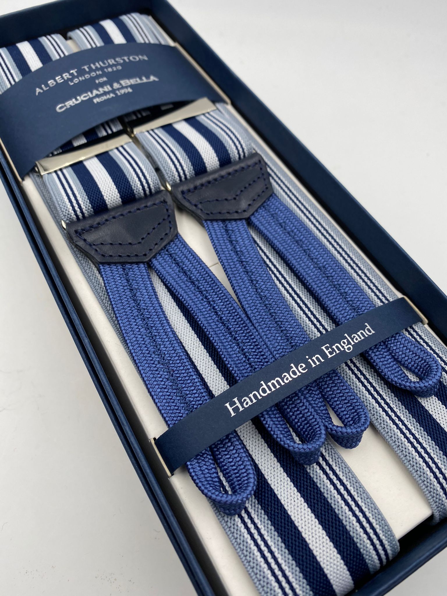 Albert Thurston for Cruciani & Bella Made in England Adjustable Sizing 35 mm elastic  braces Light Blue and White Stripes braces Braid ends Y-Shaped Nickel Fittings Size: L #4962