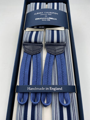 Albert Thurston for Cruciani & Bella Made in England Adjustable Sizing 35 mm elastic  braces Light Blue and White Stripes braces Braid ends Y-Shaped Nickel Fittings Size: L #4962