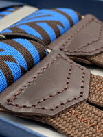 Albert Thurston for Cruciani & Bella Made in England Adjustable Sizing 35 mm elastic  braces Light Blue and Brown Optical Motif braces Braid ends Y-Shaped Nickel Fittings Size: L #4968