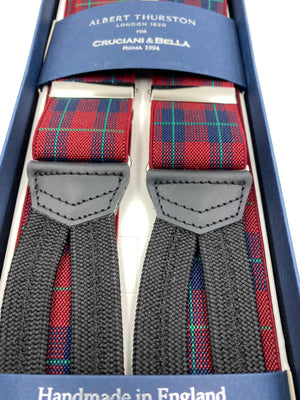 Albert Thurston for Cruciani & Bella Made in England Adjustable Sizing 35 mm elastic  braces Light Red and Green Tartan Braid ends Y-Shaped Nickel Fittings Size: L #4947