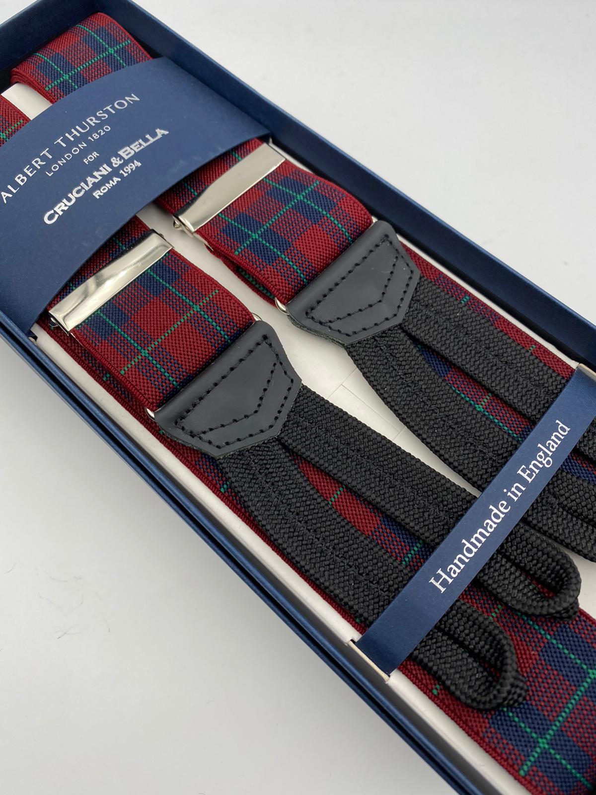 Albert Thurston for Cruciani & Bella Made in England Adjustable Sizing 35 mm elastic  braces Light Red and Green Tartan Braid ends Y-Shaped Nickel Fittings Size: L #4947