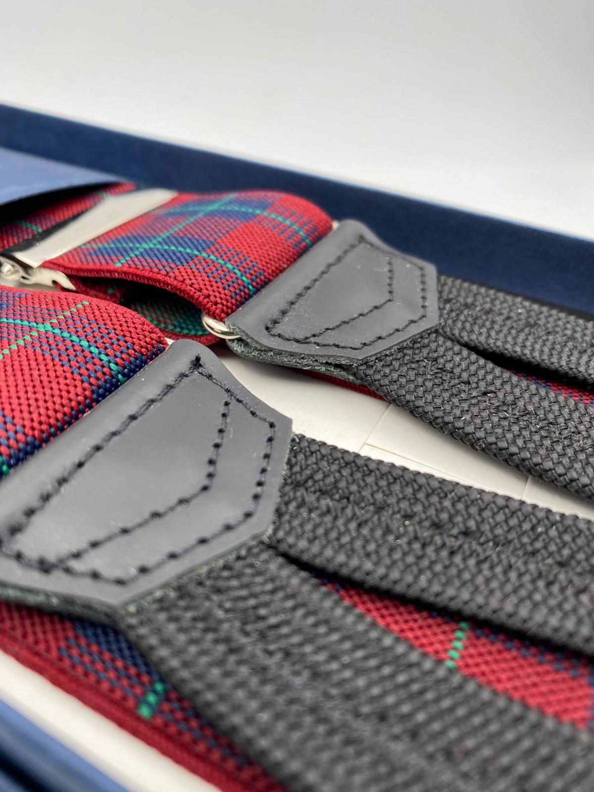 Albert Thurston for Cruciani & Bella Made in England Adjustable Sizing 35 mm elastic  braces Light Red and Green Tartan Braid ends Y-Shaped Nickel Fittings Size: L #4947
