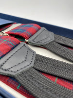 Albert Thurston for Cruciani & Bella Made in England Adjustable Sizing 35 mm elastic  braces Light Red and Green Tartan Braid ends Y-Shaped Nickel Fittings Size: L #4947