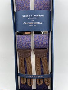 Albert Thurston for Cruciani & Bella Made in England Adjustable Sizing 35 mm elastic  braces Blue and Brown Paisley Motif Braid ends Y-Shaped Nickel Fittings Size: L #4284