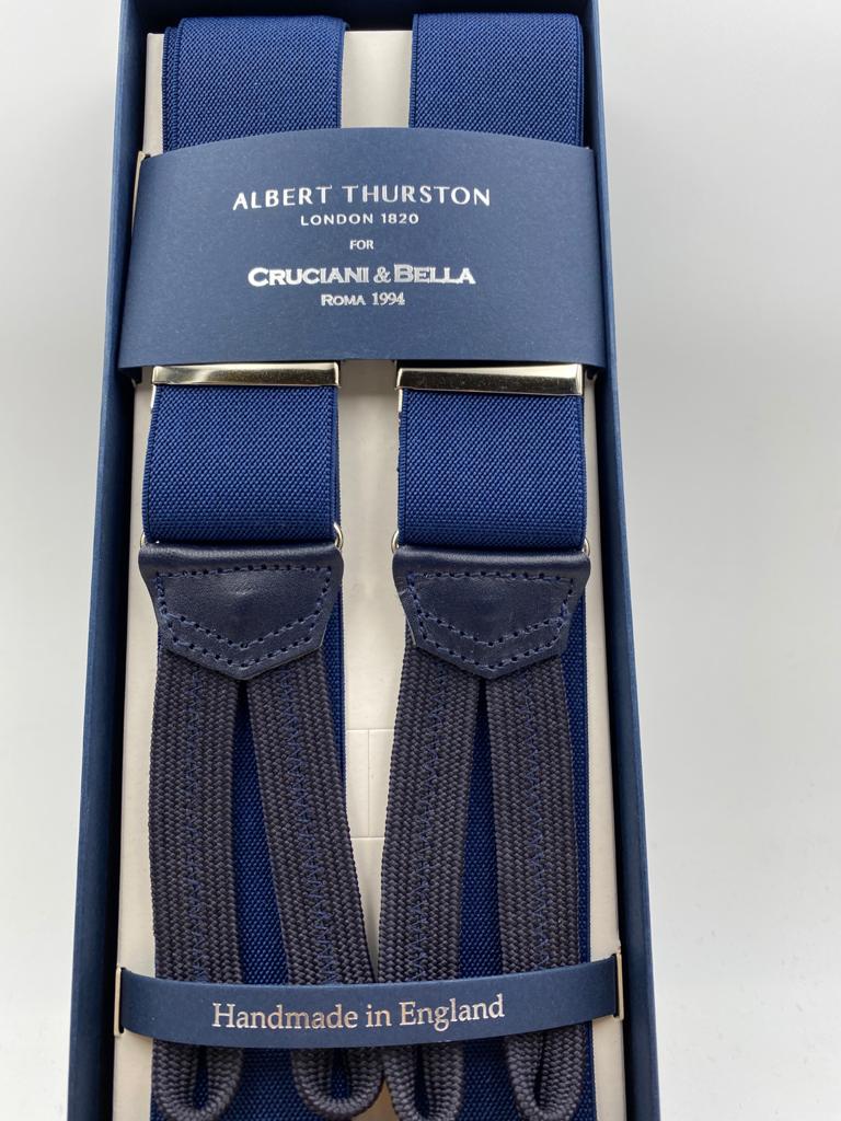 Albert Thurston for Cruciani & Bella Made in England Adjustable Sizing 35 mm elastic  braces Navy Blue Plain Braid ends Y-Shaped Nickel Fittings Size: L #4927