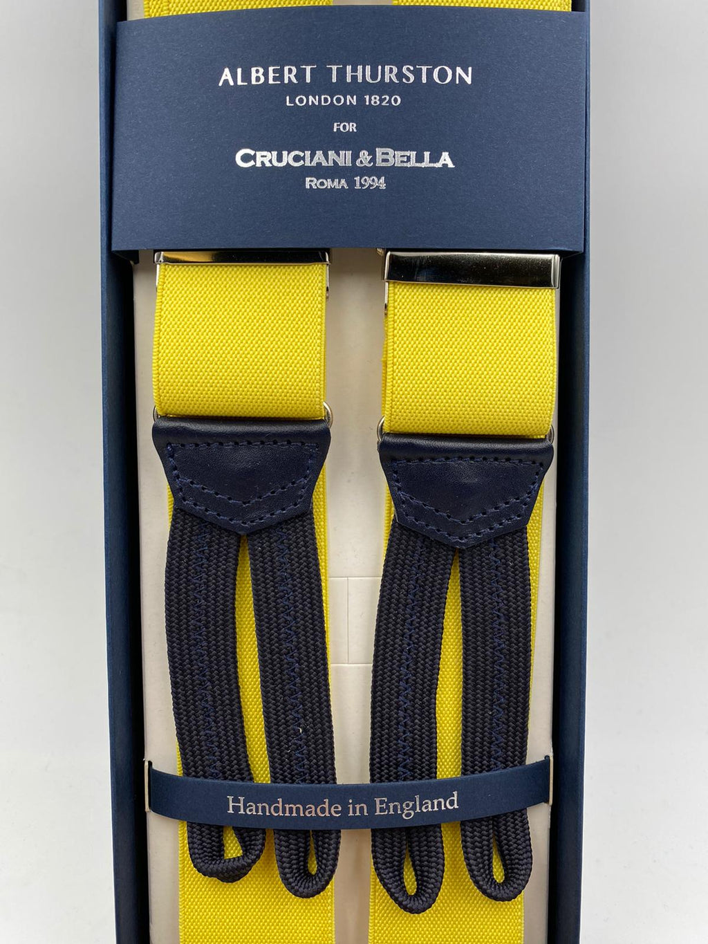 Albert Thurston for Cruciani & Bella Made in England Adjustable Sizing 35 mm elastic braces Yellow Plain Braid ends Y-Shaped Nickel Fittings Size: L #4943